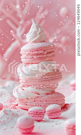 pink twisted meringue dessert, soft creamy marshmallow food with macarons 124649049