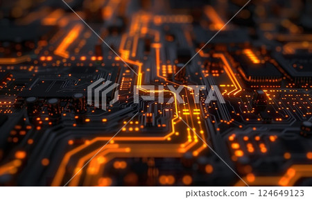 circuit electronic board with microchip, hardware and technology background concept, computer motherboard macro 124649123