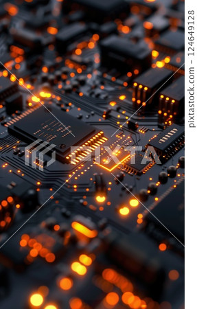 circuit electronic board with microchip, hardware and technology background concept, computer motherboard macro 124649128