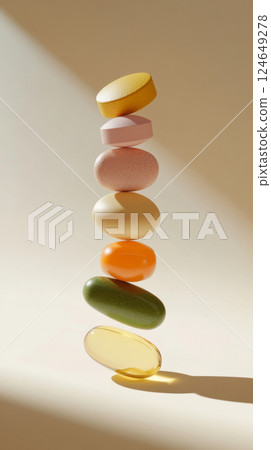 Balanced Stack of Multicolored Vitamin Pills in Soft Light 124649278
