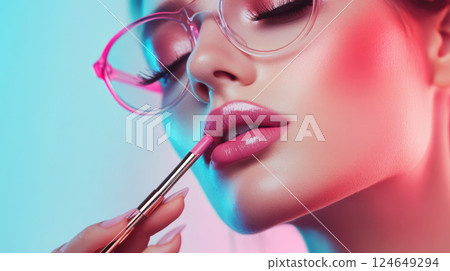 Glamorous Beauty Portrait with Bold Lipstick and Glasses Glamorous Beauty Portrait with Bold Lipstick and Glasses 124649294