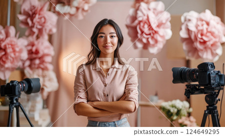 Confident Female Content Creator in a Stylish Studio Setting 124649295