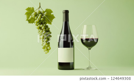 Elegant Wine Bottle and Glass with Grapes on Colorful Background 124649308
