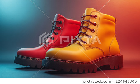 Stylish Colorful Boots on Trendy Gradient Backgrounds Stylish Colorful Boots on Trendy Gradient Backgrounds 124649309