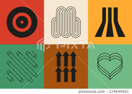 Retro symbolism and geometry - set of flat design style colorful illustrations 124649401