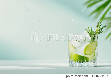 Refreshing gin and tonic served with lime and rosemary in a bright setting 124649464