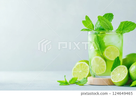 Refreshing mojito with vibrant mint leaves and lime slices creates a thirst quenching delight Refreshing mojito with vibrant mint leaves and lime slices creates a thirst quenching delight 124649465