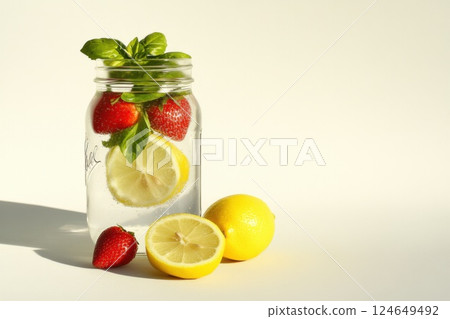 Refreshing strawberry lemon basil infused water in a mason jar on a bright background 124649492