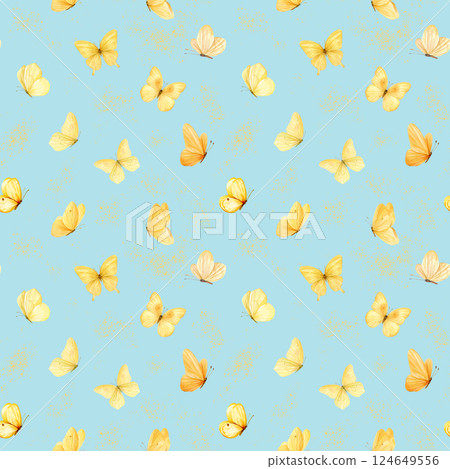 watercolor seamless pattern yellow butterflies and golden glitter, hand painted butterfly illustration blue background watercolor seamless pattern yellow butterflies and golden glitter, hand painted butterfly illustration blue background 124649556