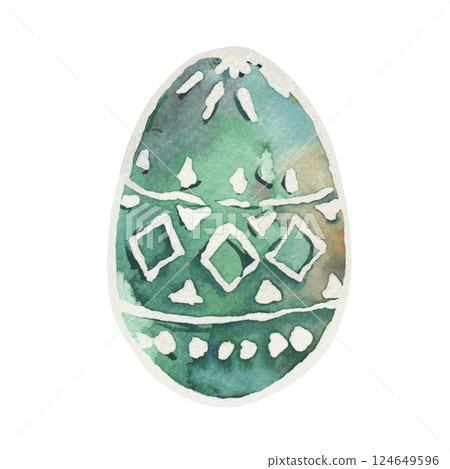 Easter egg is painted and stylized with geometric decorative pattern. Illustration is painted with watercolors of green color for cards. White ornament of dots, circles, rhombuses, stripes is applied 124649596