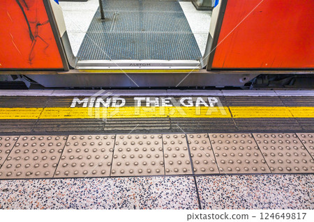 Mind the Gap Warning on London Underground Train Platform with Open Door 124649817