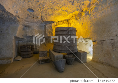 Wine cellar in Breze Castle (Chateau de Breze), Pays de la Loire, France Wine cellar in Breze Castle (Chateau de Breze), Pays de la Loire, France 124649872