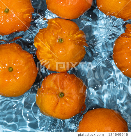 Whole unpeeled fresh fruit tangerines in water, splash of water, refreshing juicy background top view. Whole unpeeled fresh fruit tangerines in water, splash of water, refreshing juicy background top view. 124649946