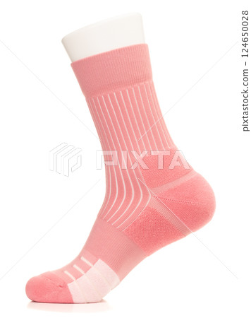 Pink athletic sock with reinforced toe and heel on mannequin foot 124650028