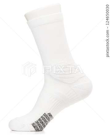 White athletic sock with cushioned sole and ribbed texture on mannequin foot White athletic sock with cushioned sole and ribbed texture on mannequin foot 124650030