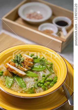 pho soup with chicken meat 124650120