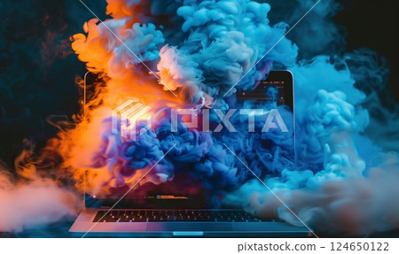 modern laptop burning, pc emergency and accident concept, data and information loss background 124650122