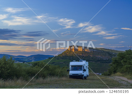 Rock of Vergisson with camping car, Burgundy,France Rock of Vergisson with camping car, Burgundy,France 124650195