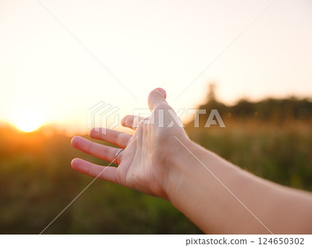 Warm sunset hues create peaceful, dreamy countryside atmosphere. Warm sunset hues create peaceful, dreamy countryside atmosphere. 124650302