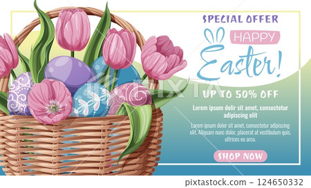 Sale Web Banner with a Basket of Easter Eggs and Pink Tulips. Easter Sale Poster for the Holiday. Suitable for Banners, Posters, Advertising, Promotions, Sales, etc. 124650332