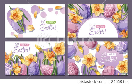 Set of Happy Easter Banners Design with Colorful Easter Eggs and yellow daffodils. Vector Background for Cards, Posters, Advertising Set of Happy Easter Banners Design with Colorful Easter Eggs and yellow daffodils. Vector Background for Cards, Posters, Advertising 124650334