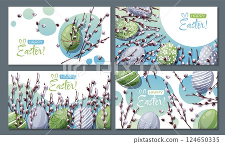 Set of Banners with Colorful Easter Eggs and Fluffy Willow Branches for Happy Easter. Spring Vector Background for Cards, Posters, Advertising. Set of Banners with Colorful Easter Eggs and Fluffy Willow Branches for Happy Easter. Spring Vector Background for Cards, Posters, Advertising. 124650335