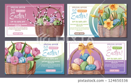 Set of Sale web banners with basket of Easter eggs and pussy willow and spring flowers. Easter sale poster for the holiday. Suitable for banners, posters, advertising, promotions, sales, etc 124650336