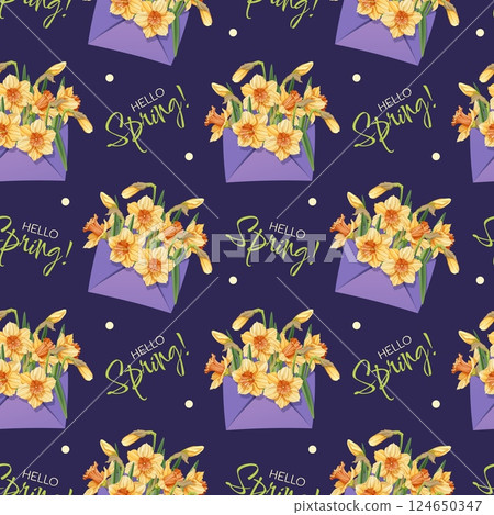 Seamless Pattern with Envelopes Filled with Yellow Daffodils. Elegant Floral Texture with Spring Flowers. Delicate Background for Fabric, Wallpaper, Wrapping Paper. Perfect for Easter and Seamless Pattern with Envelopes Filled with Yellow Daffodils. Elegant Floral Texture with Spring Flowers. Delicate Background for Fabric, Wallpaper, Wrapping Paper. Perfect for Easter and 124650347