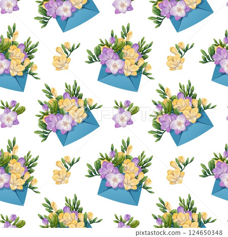 Seamless Pattern with Envelopes Filled with Freesia. Delicate Floral Texture with Spring Flowers. Perfect for Fabric, Wallpaper, Wrapping Paper, and Scrapbooking. Ideal for Spring-themed Designs. Seamless Pattern with Envelopes Filled with Freesia. Delicate Floral Texture with Spring Flowers. Perfect for Fabric, Wallpaper, Wrapping Paper, and Scrapbooking. Ideal for Spring-themed Designs. 124650348