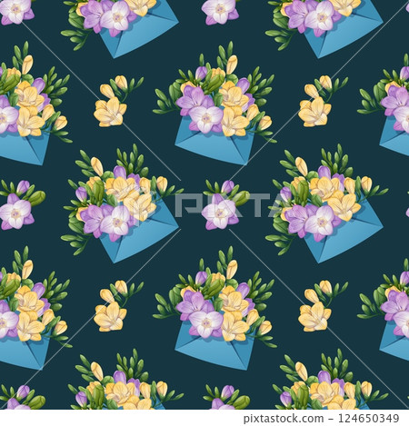 Seamless Pattern with Envelopes Filled with Freesia. Delicate Floral Texture with Spring Flowers. Perfect for Fabric, Wallpaper, Wrapping Paper, and Scrapbooking. Ideal for Spring-themed Designs. 124650349