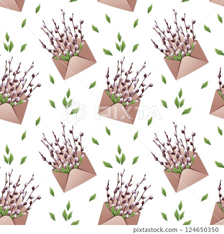 Seamless Pattern with an Envelope and Willow Branches with Leaves. Easter Texture with Nature Elements. Spring Background for Fabric, Wallpaper, Wrapping Paper, etc. 124650350