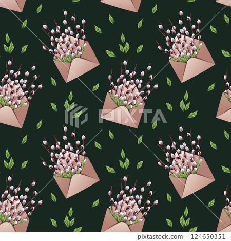 Seamless Pattern with an Envelope and Willow Branches with Leaves. Easter Texture with Nature Elements. Spring Background for Fabric, Wallpaper, Wrapping Paper, etc. 124650351
