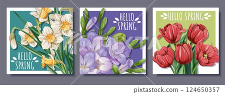 Spring Square Card Set with Tulip, Daffodil and Freesia Bouquets. Floral Greeting Design for Banners, posters, Social Media, Prints and Seasonal Decor. Fresh Vector Illustrations. 124650357