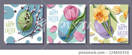 Happy Easter Square Card Set with Colorful Eggs, Tulips, Daffodils and Willow Branches. Perfect for Banners, Posters, Social Media, and Festive Decor. Cheerful Vector Illustrations 124650358