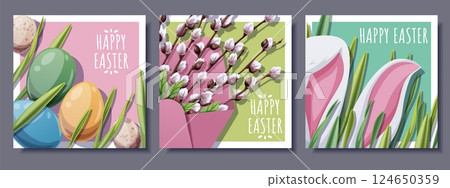 Happy Easter Square Card Set with Bunny Ears in Grass, Colorful Eggs and Willow in Envelope. Spring Holiday Design for Greeting Cards, Social Media and Festive Decor. Cheerful Vector Illustrations. 124650359