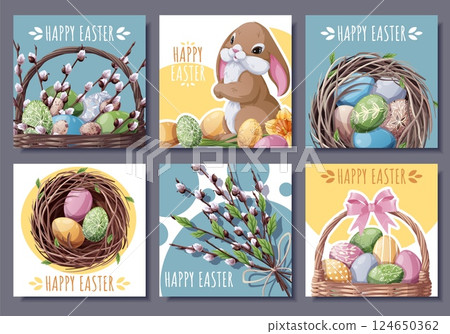 Happy Easter Square Card Set with Cute Bunny, Eggs in Nest, Basket and Willow Branches. Perfect for Banners, Posters, Social Media, and Festive Decor. Cheerful Vector Illustrations. 124650362