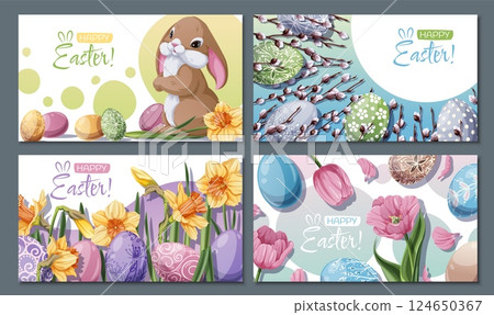 Happy Easter Sale Banner Set with Bunny, Daffodils, Willow Branches, Tulips, and Eggs. Spring Holiday Promo Kit for Social Media, Posters, Flyers, and Digital Ads. Festive Vector Illustrations. Happy Easter Sale Banner Set with Bunny, Daffodils, Willow Branches, Tulips, and Eggs. Spring Holiday Promo Kit for Social Media, Posters, Flyers, and Digital Ads. Festive Vector Illustrations. 124650367