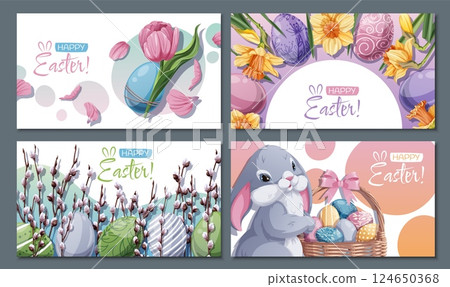 Happy Easter Sale Banner Set with Bunny, Daffodils, Willow Branches, Tulips, and Eggs. Spring Holiday Promo Kit for Social Media, Posters, Flyers, and Digital Ads. Festive Vector Illustrations Happy Easter Sale Banner Set with Bunny, Daffodils, Willow Branches, Tulips, and Eggs. Spring Holiday Promo Kit for Social Media, Posters, Flyers, and Digital Ads. Festive Vector Illustrations 124650368