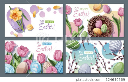 Happy Easter Sale Banner Set with Nest, Daffodils, Willow Branches, Tulips, and Colorful Eggs. Spring Holiday Promo Kit for Social Media, Posters, Flyers, and Digital Ads. Festive Vector Happy Easter Sale Banner Set with Nest, Daffodils, Willow Branches, Tulips, and Colorful Eggs. Spring Holiday Promo Kit for Social Media, Posters, Flyers, and Digital Ads. Festive Vector 124650369