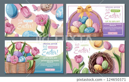 Happy Easter Sale Banner Set with Nest, Basket of Colorful Eggs and Tulips. Spring Holiday Promo Kit for Social Media, Posters, Flyers, and Digital Ads. Festive Vector Illustrations 124650371