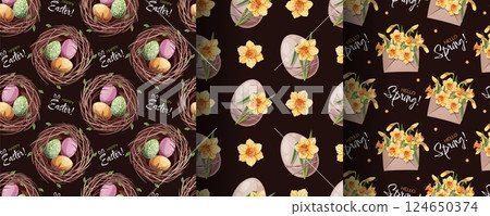 Easter Seamless Pattern Set with Eggs in Nest and Daffodils. Spring Floral Background for Textiles, Wallpaper, Wrapping Paper and Holiday Decor. Cheerful Vector Illustration Easter Seamless Pattern Set with Eggs in Nest and Daffodils. Spring Floral Background for Textiles, Wallpaper, Wrapping Paper and Holiday Decor. Cheerful Vector Illustration 124650374