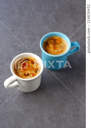 Two mugs filled with caffe latte, a coffee made from espresso and milk 124650452