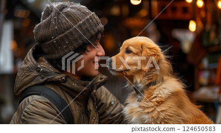 A young man with a knit cap and winter jacket smiling warmly while cuddling a golden retriever dog in a festive outdoor market with blurred lights and decorations 124650583
