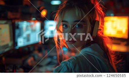 A young woman with blonde hair in a ponytail wearing glasses and a headset monitoring multiple screens in a high tech room with warm glowing lights and equipment 124650585