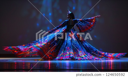 Dancer in a Sparkling, Colorful Costume Performing on Stage 124650592