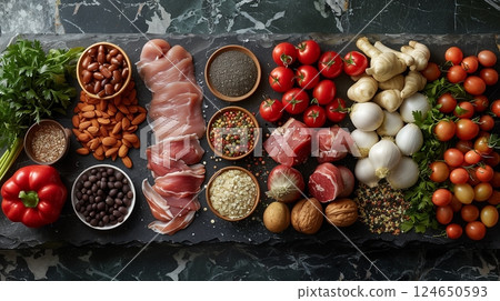 A variety of fresh and nutritious ingredients laid out on a dark surface showcasing vibrant colors and textures in an appealing arrangement 124650593