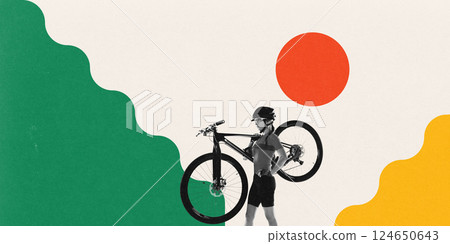 Conceptual design. Woman carrying bike between soft color waves. Inner strength. Trail break. Artwork in Bauhaus style. 124650643