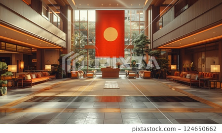Elegant Hotel Lobby Featuring Warm Orange Lighting and a Bold Red Banner 124650662