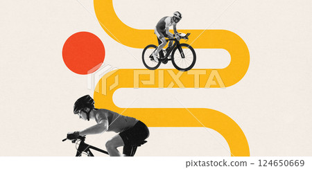 Contemporary art collage. Two cyclists on curved race path. Dual energy. Focused ride. Artwork in Bauhaus style. 124650669
