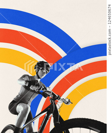Contemporary art collage. Woman riding bike under dynamic arcs. Motion burst. Energy and drive. Artwork in Bauhaus style. Contemporary art collage. Woman riding bike under dynamic arcs. Motion burst. Energy and drive. Artwork in Bauhaus style. 124650674